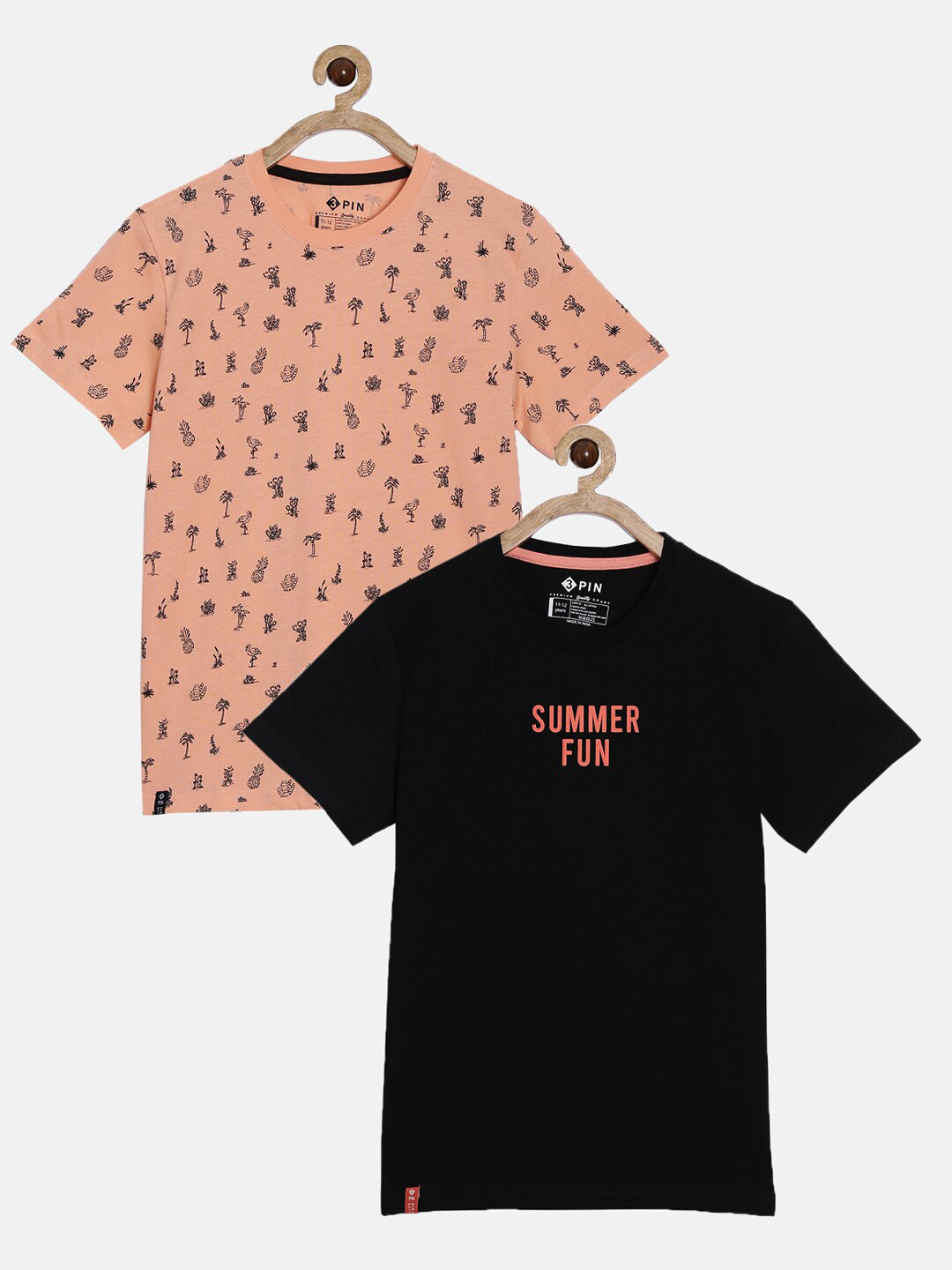 3PIN Boys Black & Peach-Coloured Typography Set of 2 Printed T-shirt