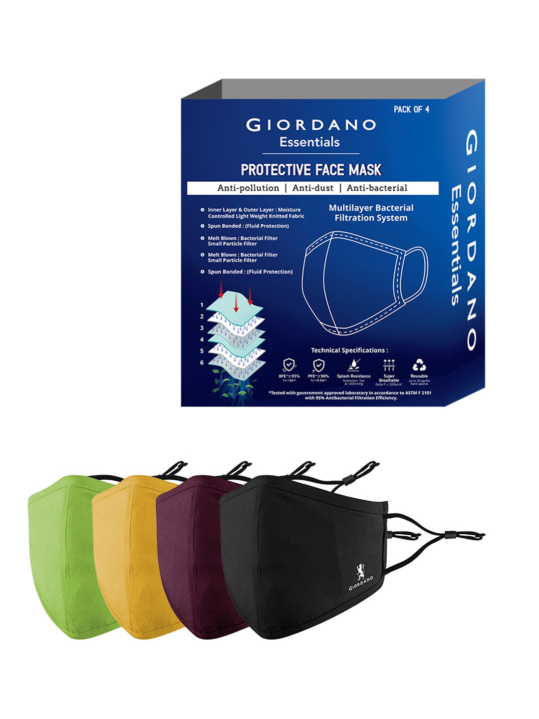 GIORDANO Adult Pack Of 4 Solid 6-Ply Reusable Cotton Protective Outdoor Masks