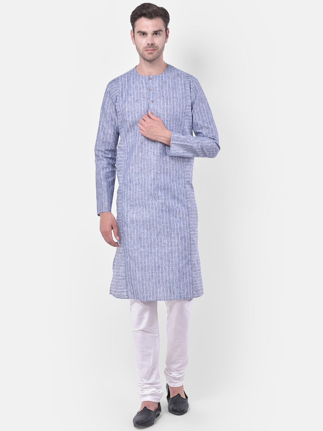 TABARD Men Grey & Blue Cotton Linen Stripe Kurta