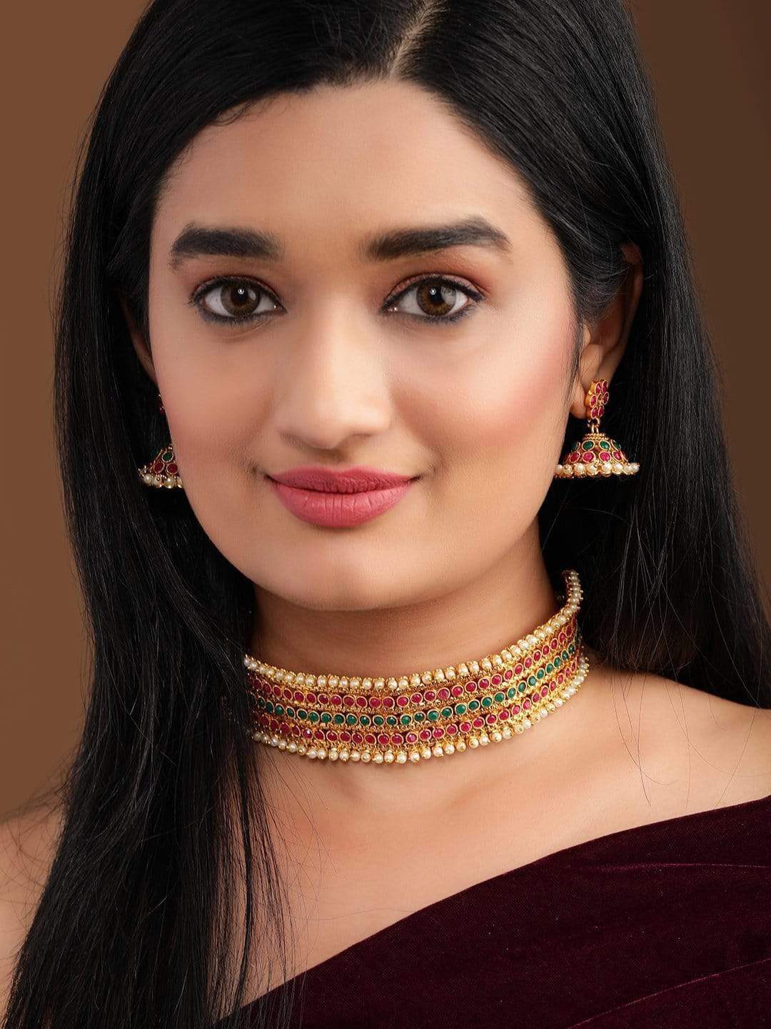 Rubans Gold-Plated Red & Green Faux Ruby-Studded Pearls Beaded Handcrafted Jewellery Set