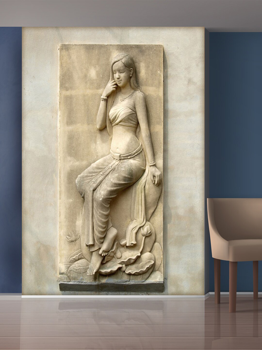 999Store Beige Beautiful Sitting Lady Mural Self-Adhesive Wallpaper