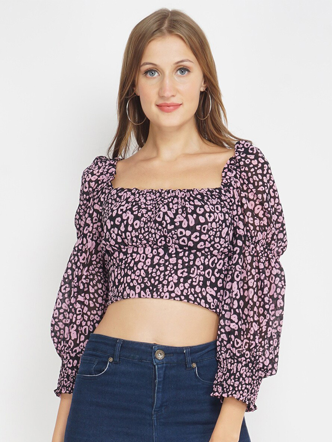 Oxolloxo Purple & Black Animal Skin Printed Fitted Crop Top