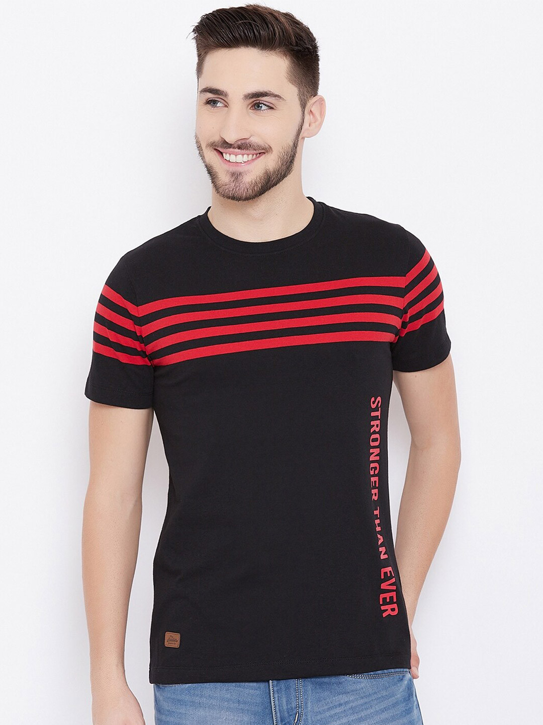 Austin wood Men Black & Red Striped Round NeckT-shirt