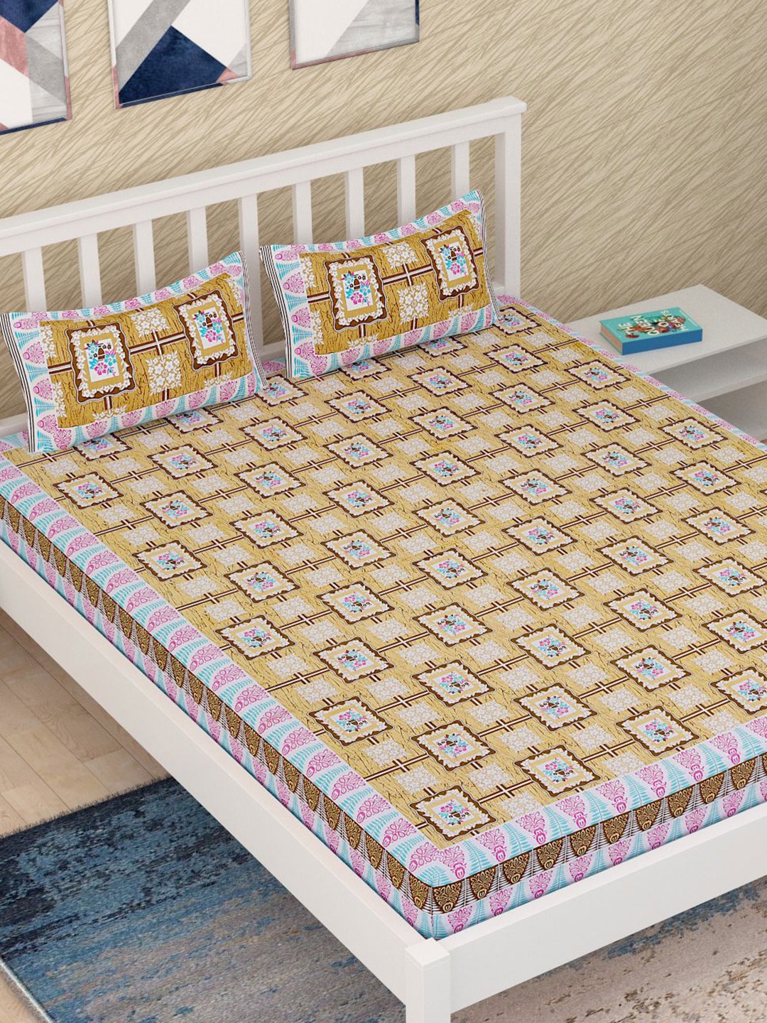 METRO LIVING Mustard Yellow   Brown Geometric 120 TC King Bedsheet with 2 Pillow Covers