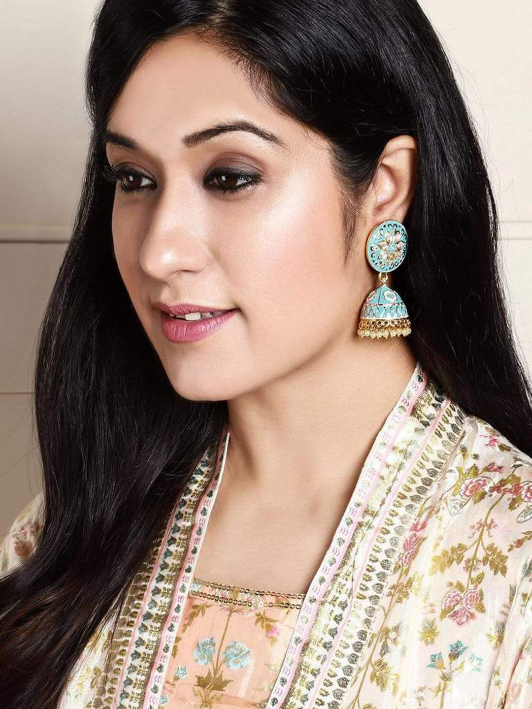 Rubans 24K Gold Plated Sky Blue Enamelled & Kundan Studded Pearl Beaded Jhumka Earrings