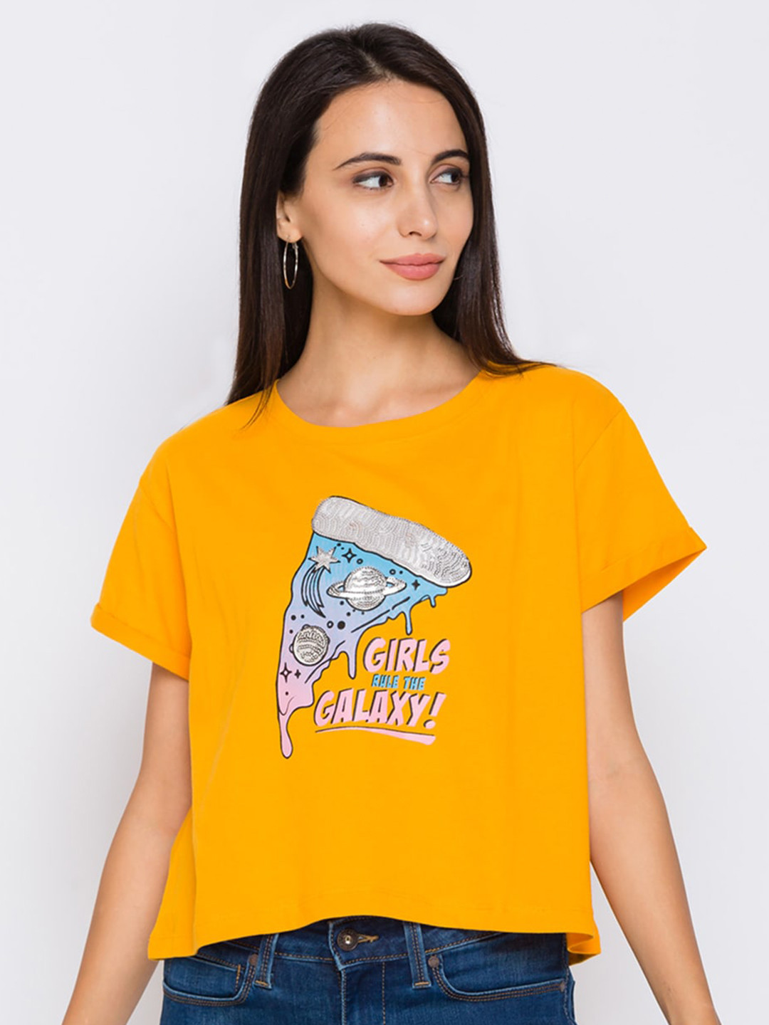 Globus Women Mustard Printed Applique Slim Fit T-shirt