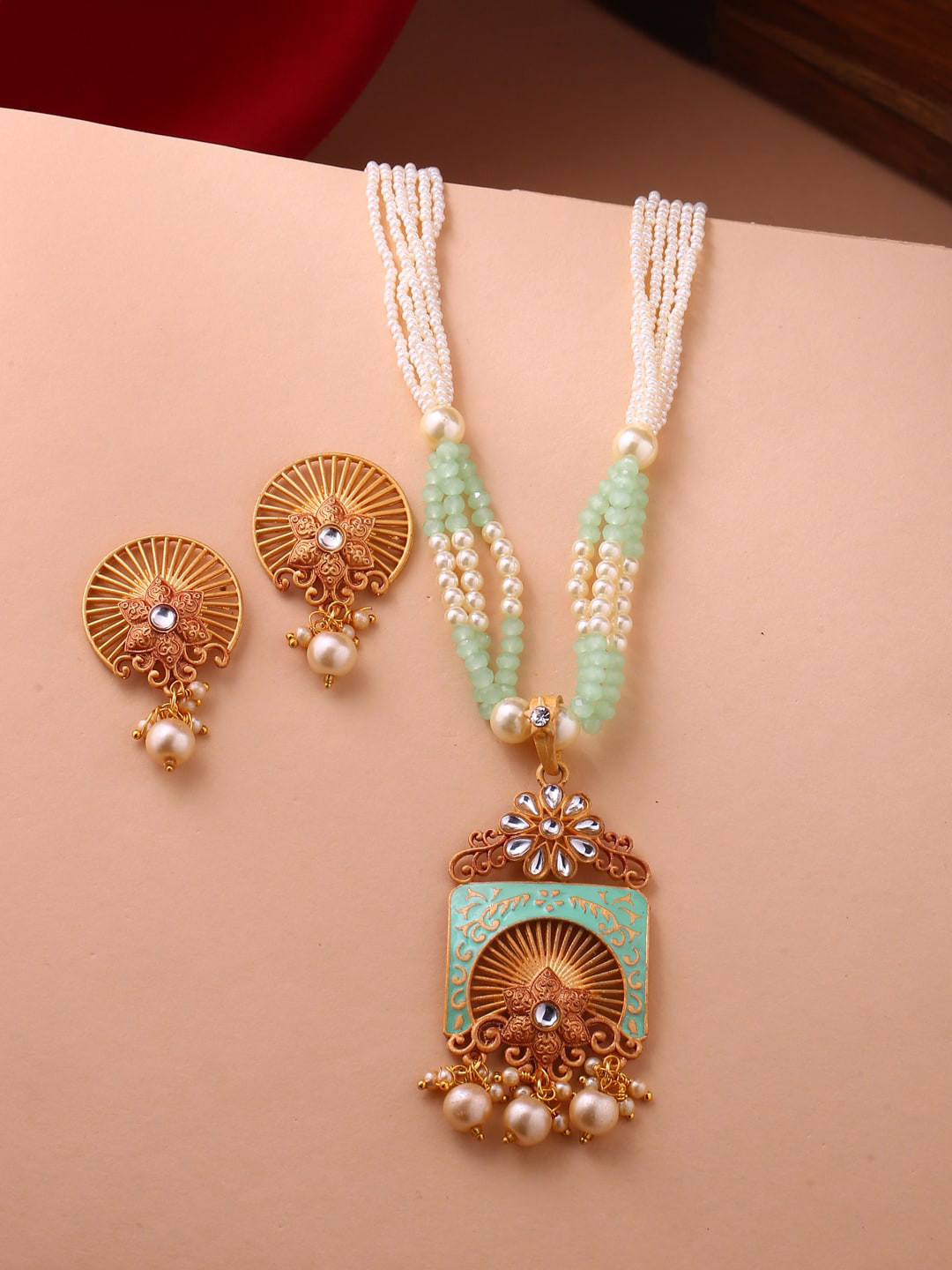 Shoshaa Gold-Plated Off-White & Sea Green Beaded Stone-Studded Hand Painted Jewellery Set