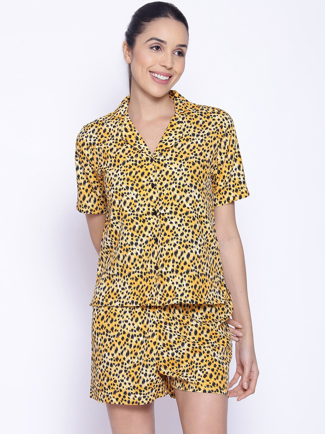 IX IMPRESSION Women Yellow & Black Printed Night Suit