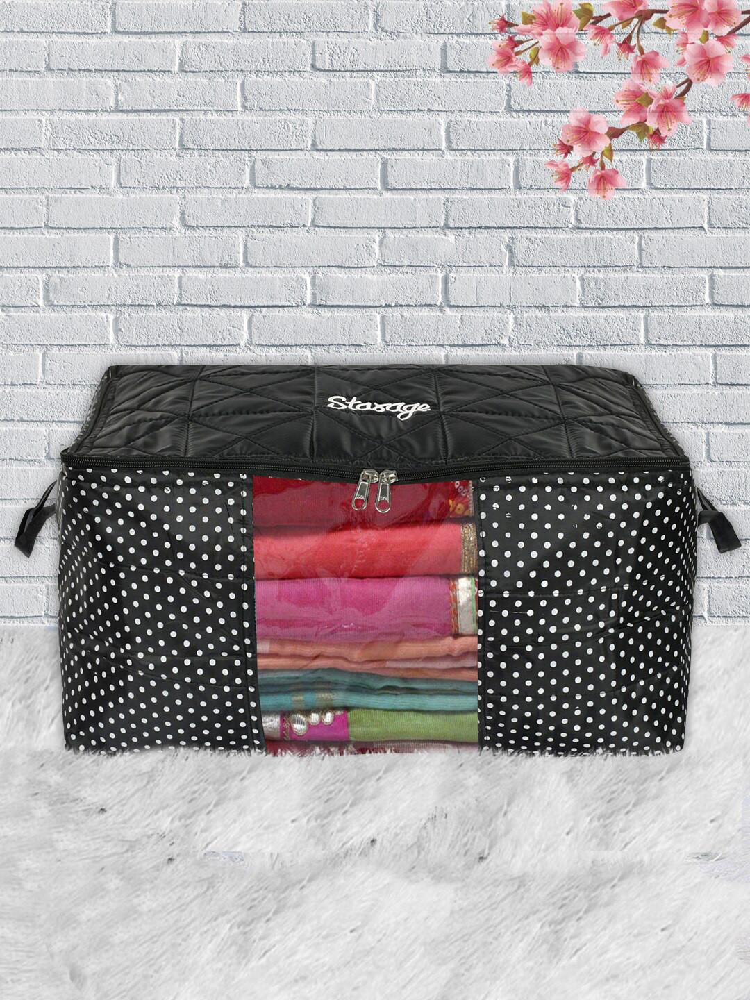 Kuber Industries Black & White Dot Printed Saree Cover Bag With Handle