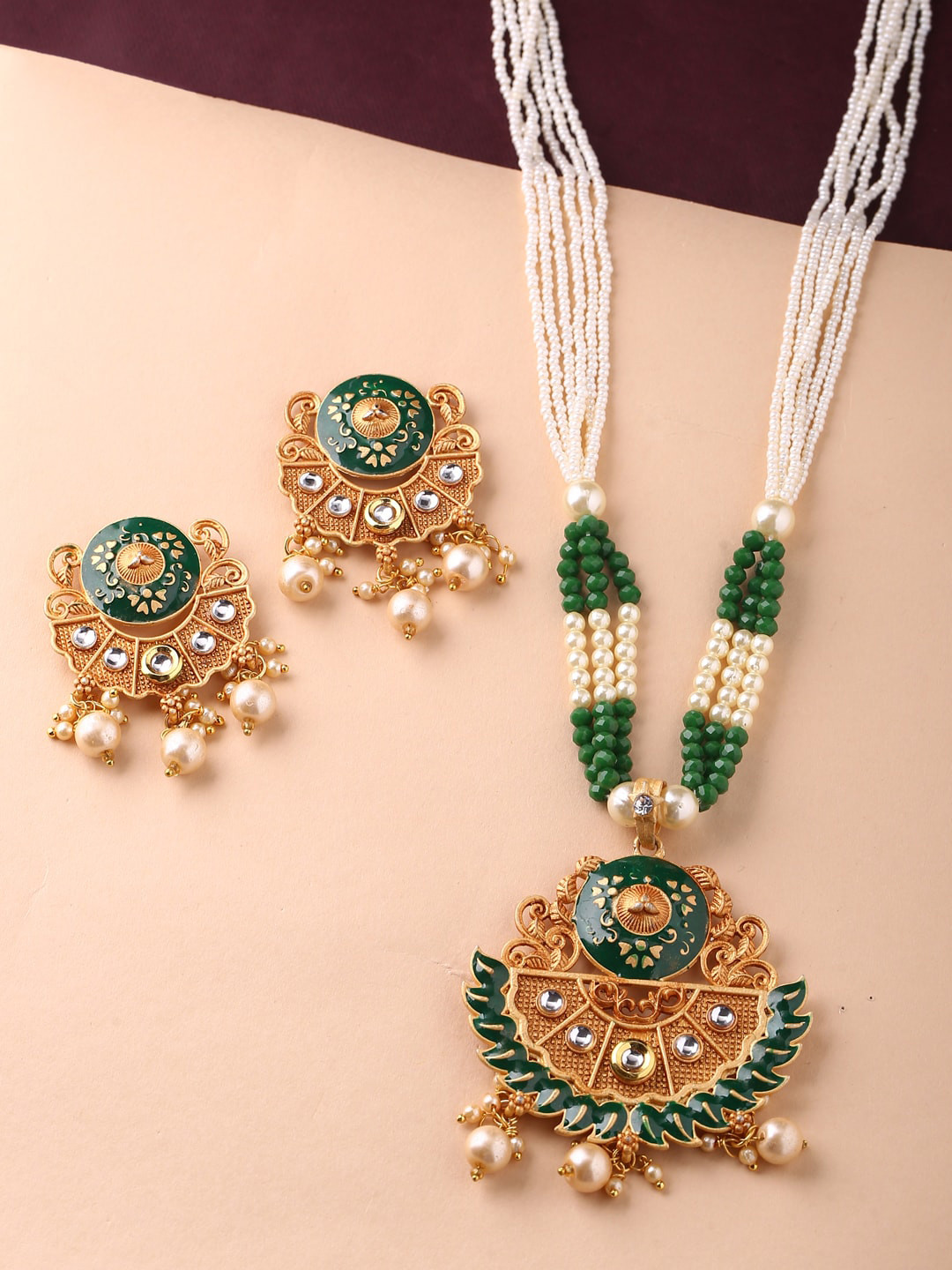 Shoshaa Gold-Plated White & Green Stone-Studded & Beaded Hand Painted Jewellery Set