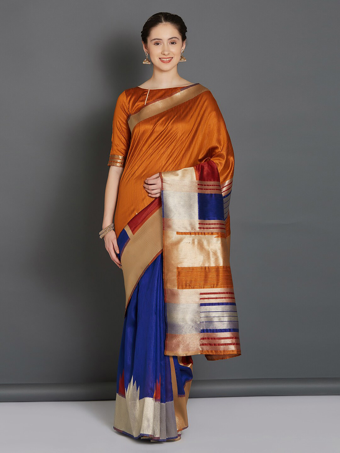Mitera Blue & Gold-Toned Zari Silk Blend Saree
