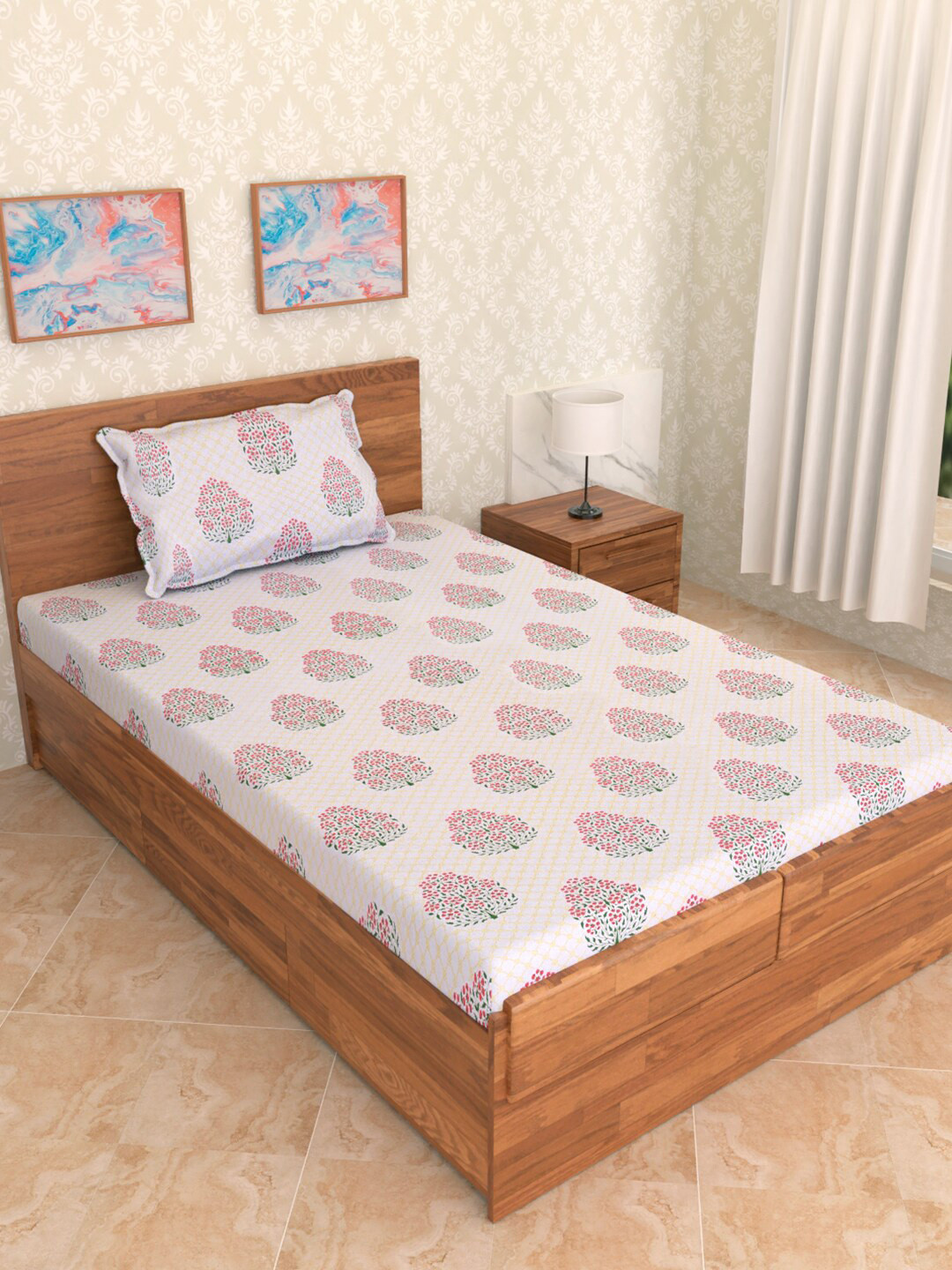 Soumya Pink & White Floral Printed Pure Cotton Single Bed Cover With Pillow Cover