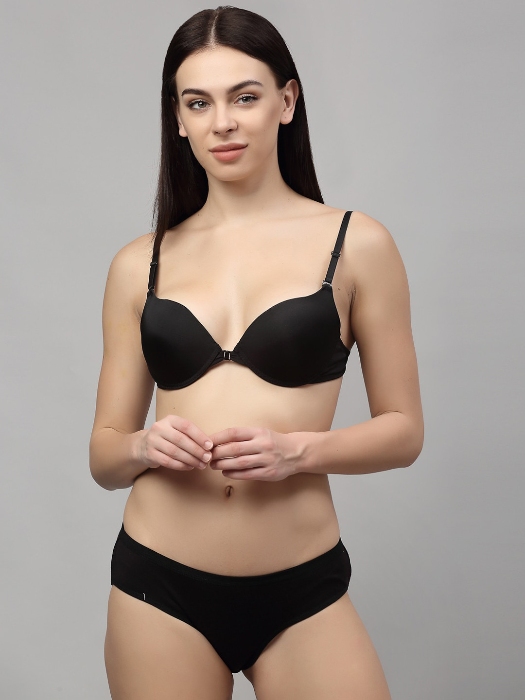PrettyCat Women Black Front Closure Push-Up Bra & Briefs Set PC-SET-FO-BLK-30B