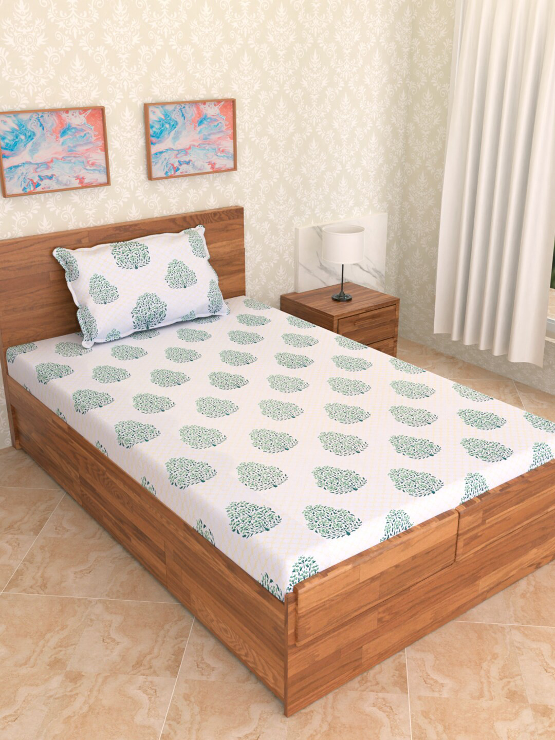 Soumya White & Green Printed 180-249 TC Cotton Single Bedding Set With Pillow Covers