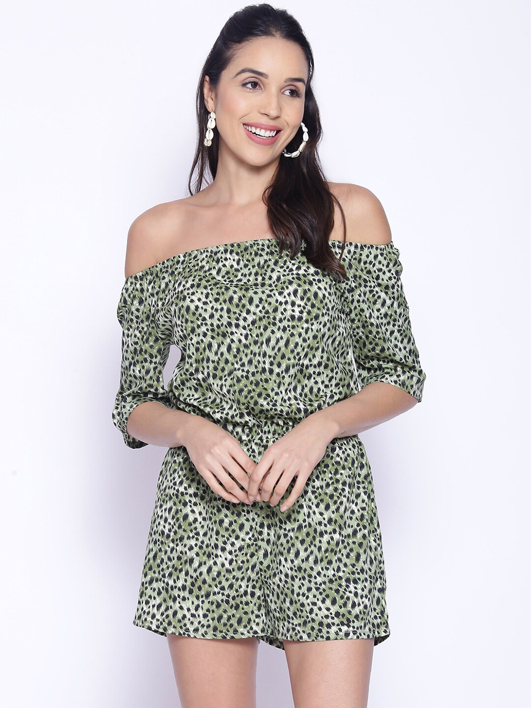 IX IMPRESSION Green & Black Animal Printed Off-Shoulder Playsuit