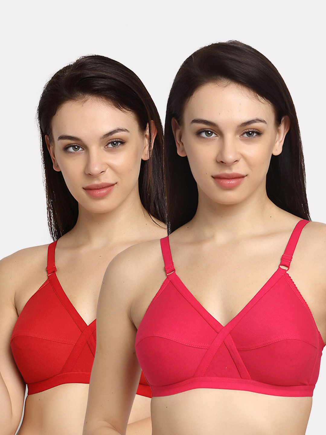 Friskers Pack Of 2 Red & Coral Pink Everyday Bra Half Coverage O-312-03-312-15-30