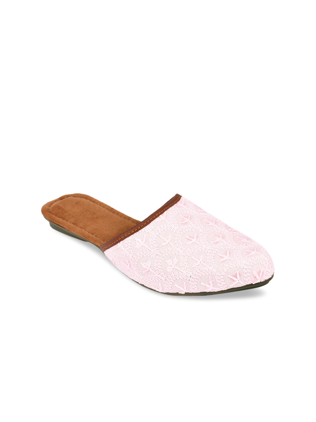 DESI COLOUR Women Pink Embroidered Mules Flats
