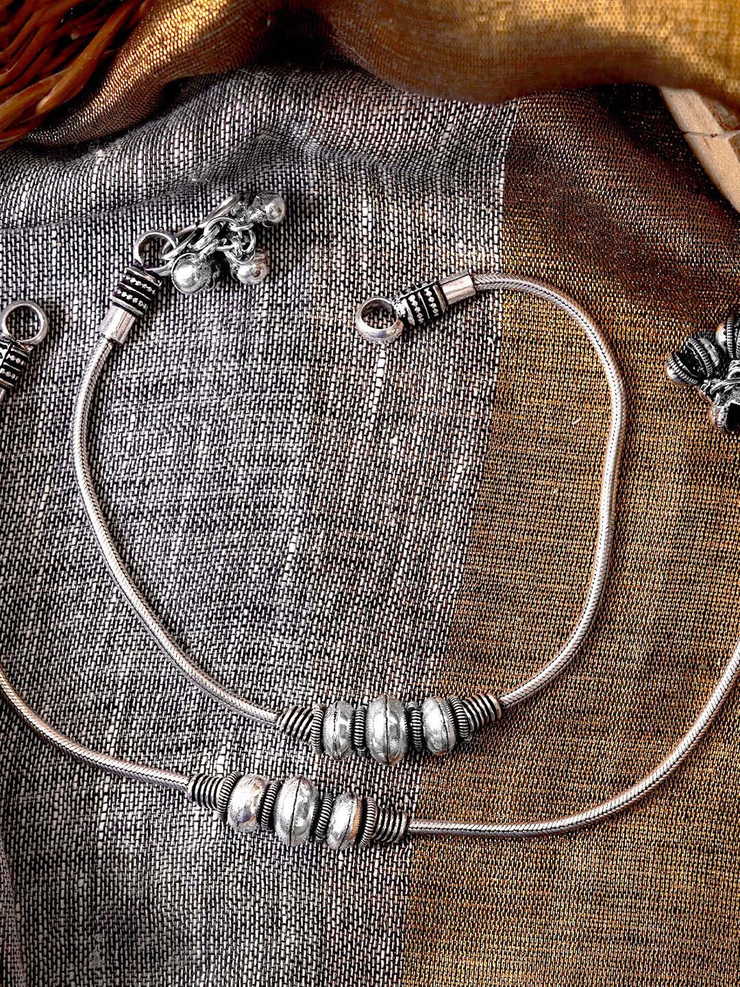 TEEJH Set Of 2 Oxidised Silver-Toned Beaded Anklets