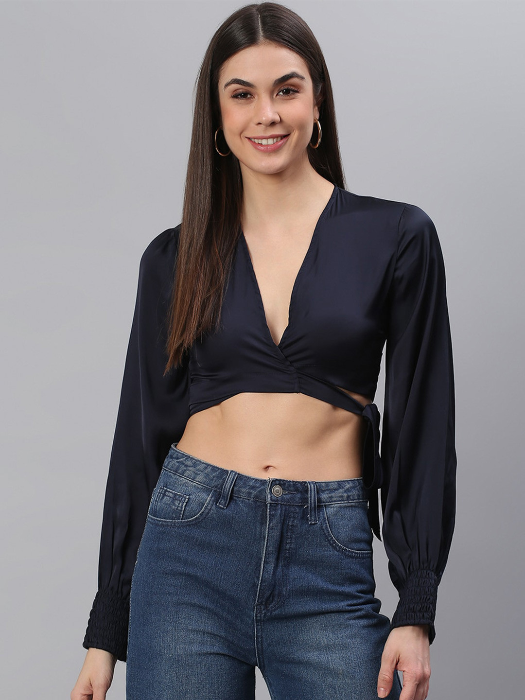 Cation Navy Blue Puff Sleeve Satin Fitted Crop Top
