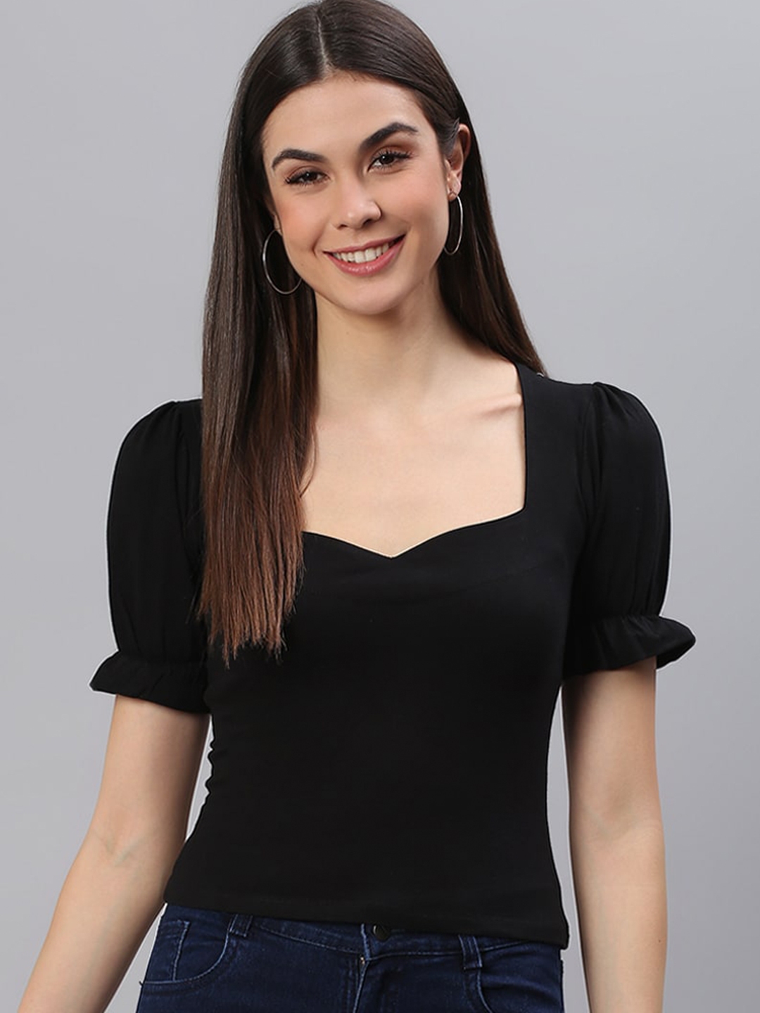Buy Cation Black Sweetheart Neck Fitted Top - Tops for Women
