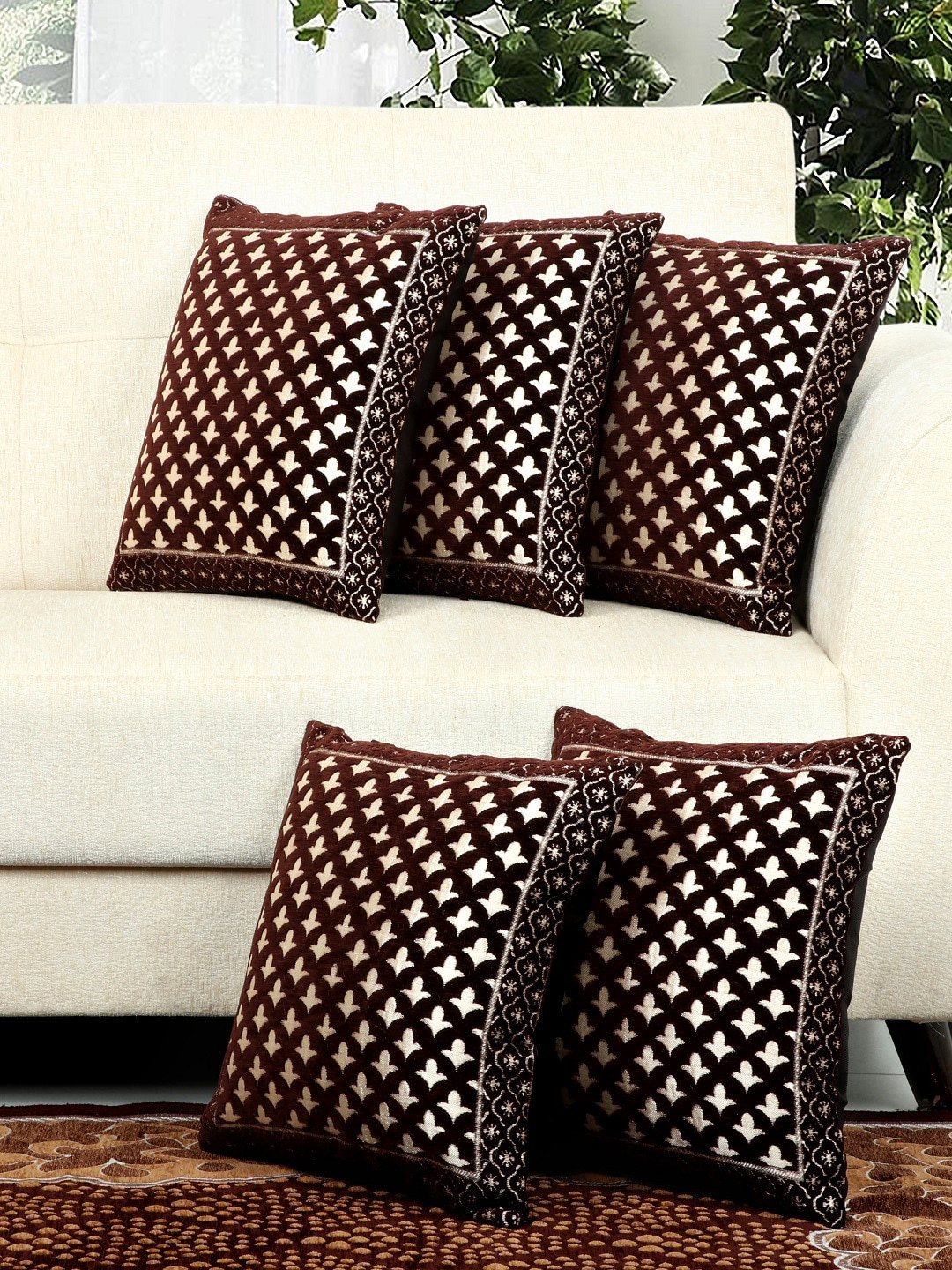 BELLA TRUE Brown & White Set of 5 Ethnic Motifs Square Cushion Covers