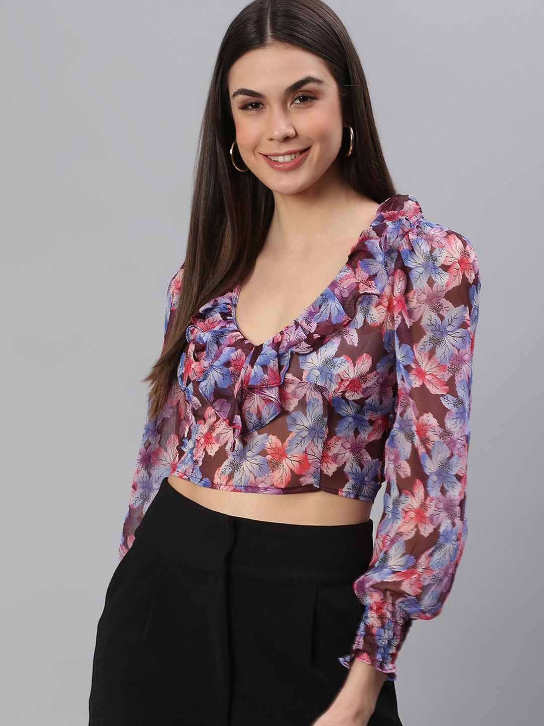 Cation Women Multi Floral Printed Smocked Wrap Crop Top