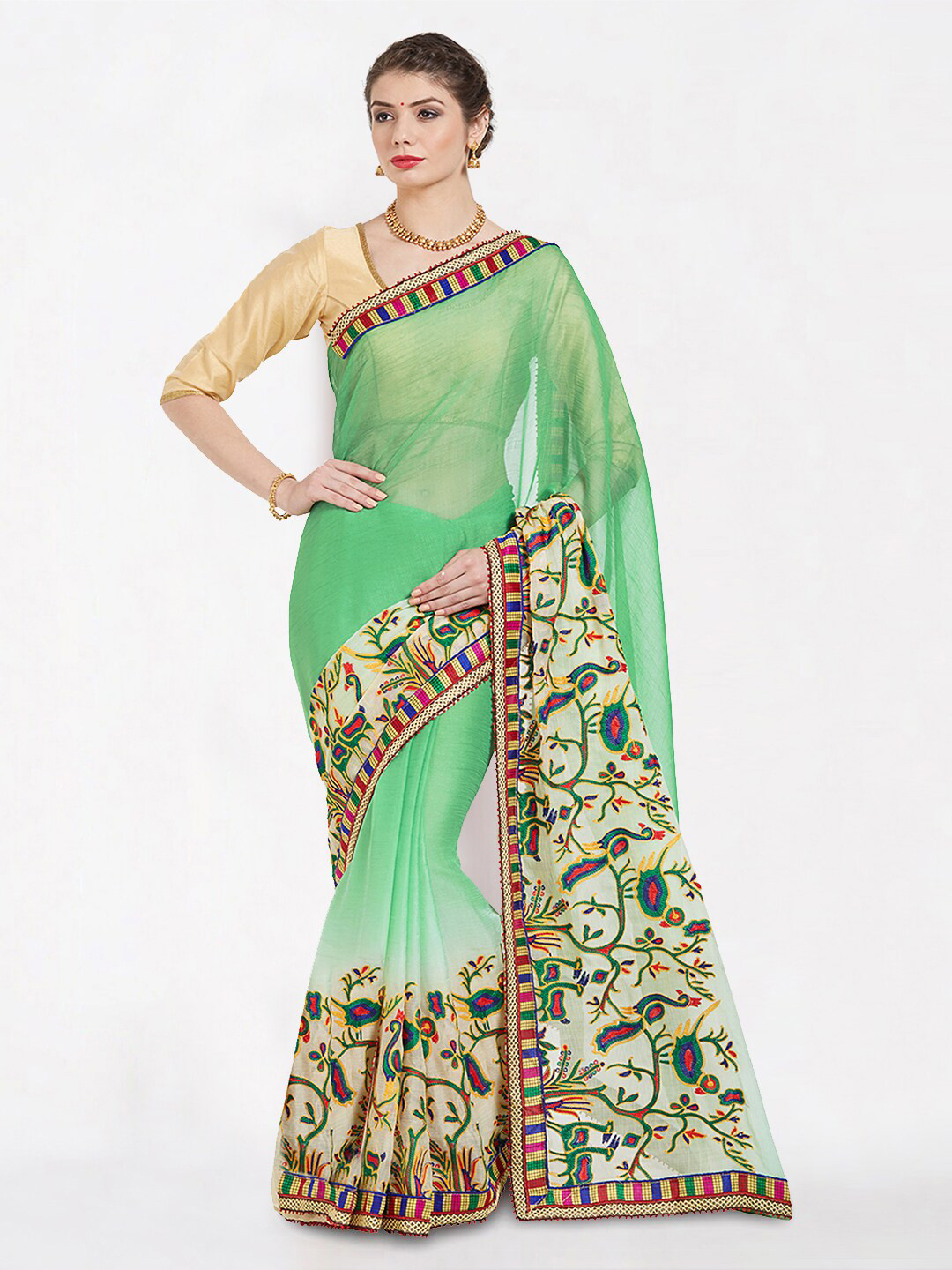 Kvsfab Green & Red Embroidered Chiffon Saree
