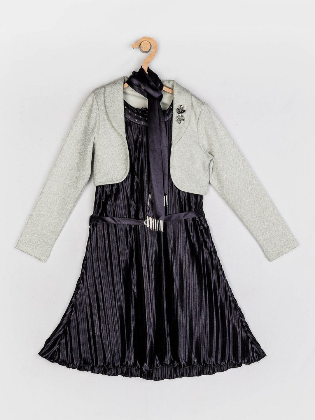 Peppermint Girls Black & Grey Fit & Flare Dress With Open Jacket & Stole