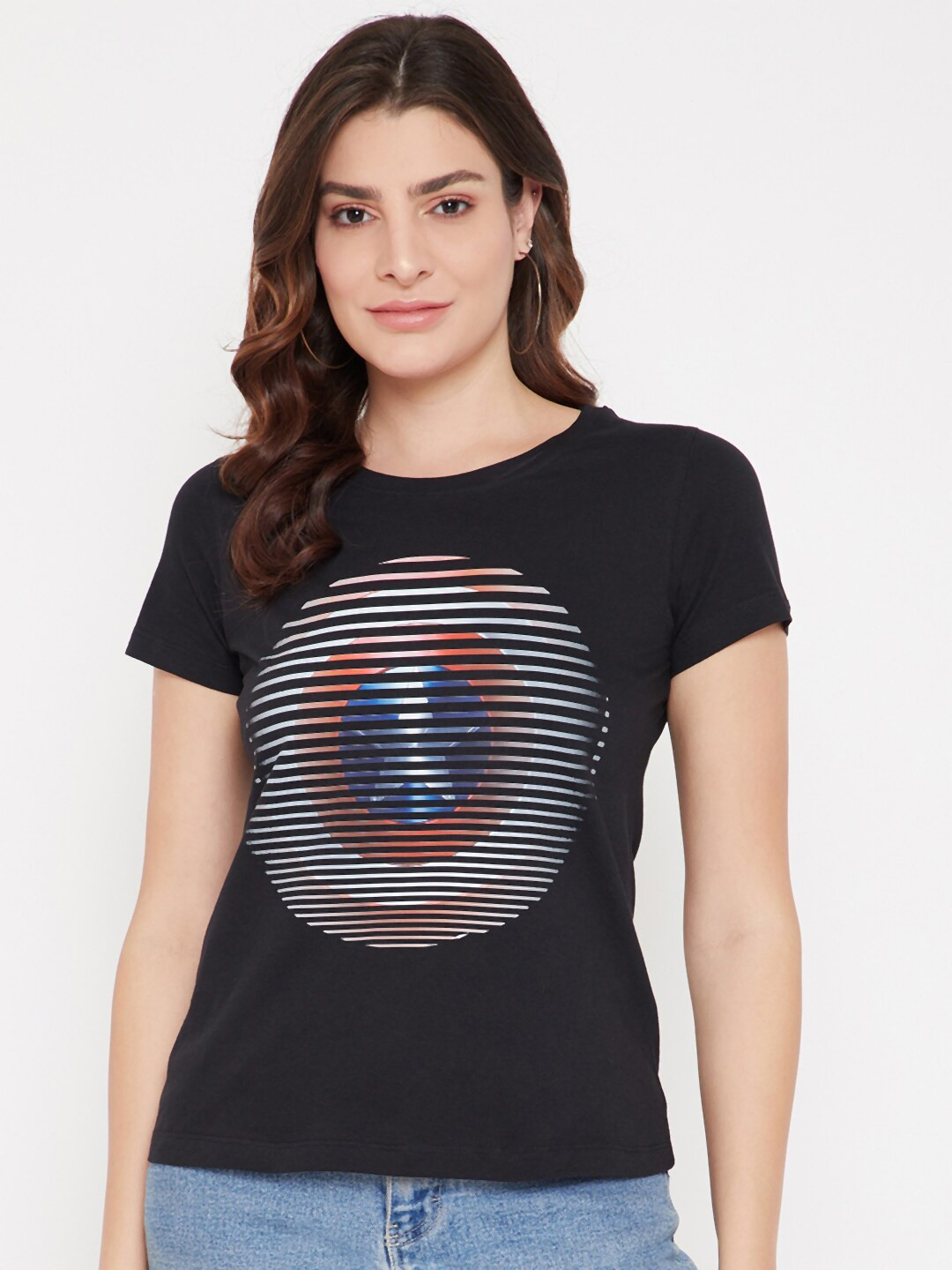 Marvel by Wear Your Mind Women Black Striped Extended Sleeves T-shirt