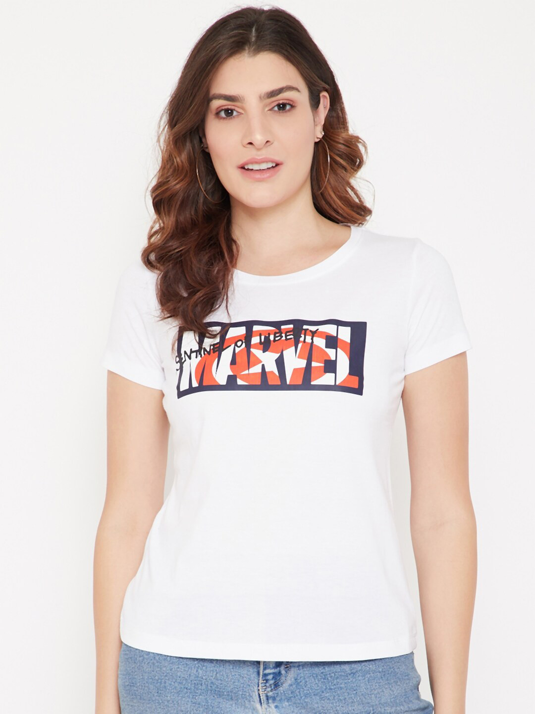 Marvel by Wear Your Mind Women White Graphic Printed Round Neck Short Sleeve T shirt
