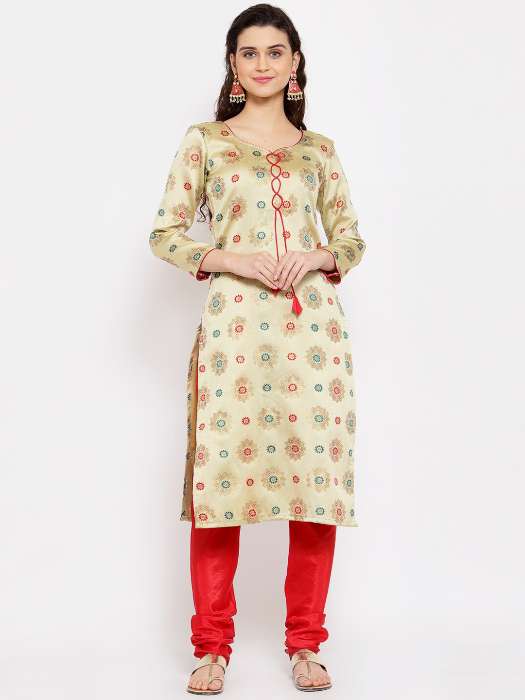 Me Lady Fashion Cream & Red Unstitched Dress Material