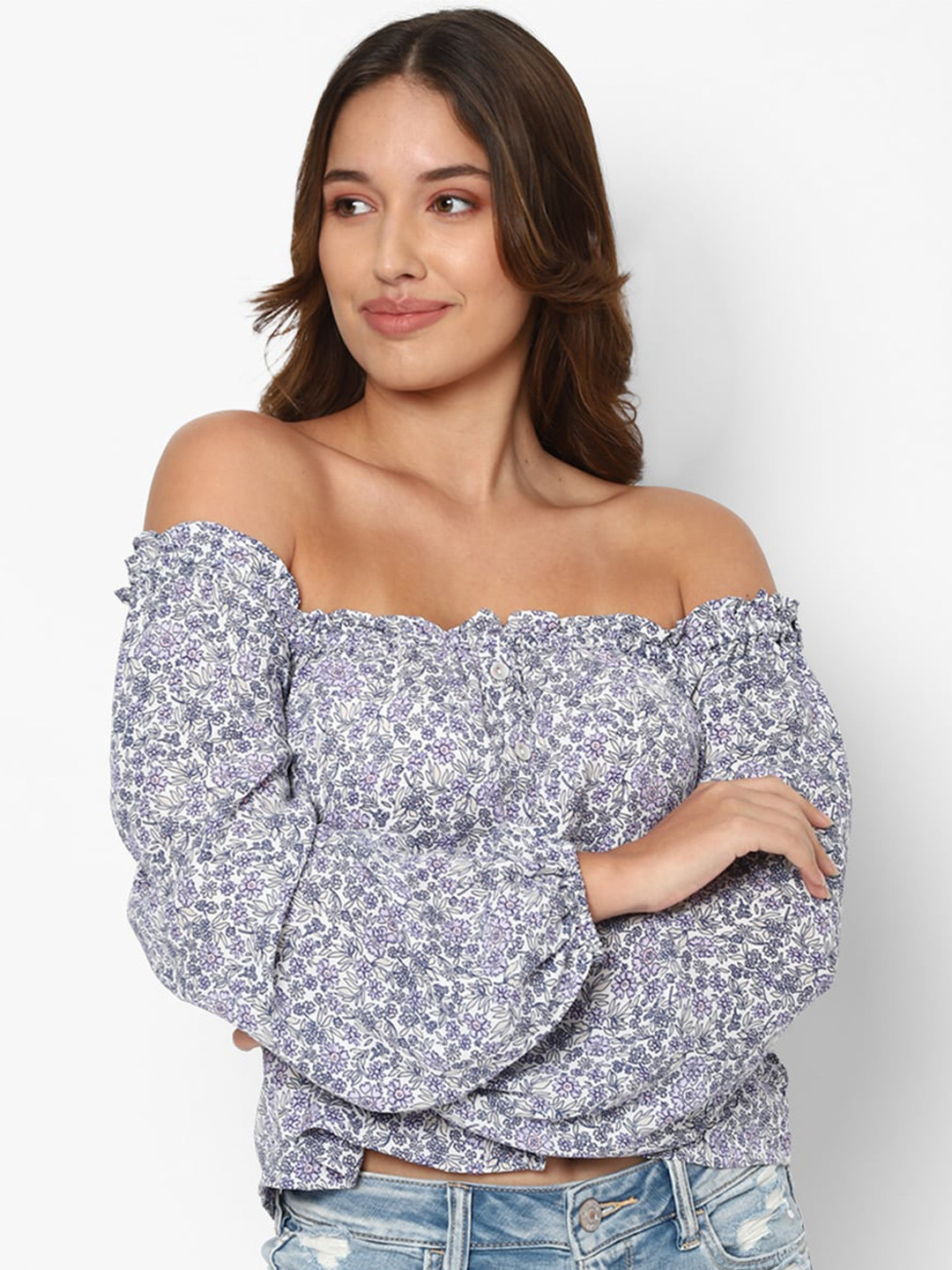 AMERICAN EAGLE OUTFITTERS Blue Floral Printed Off-Shoulder Bardot Top