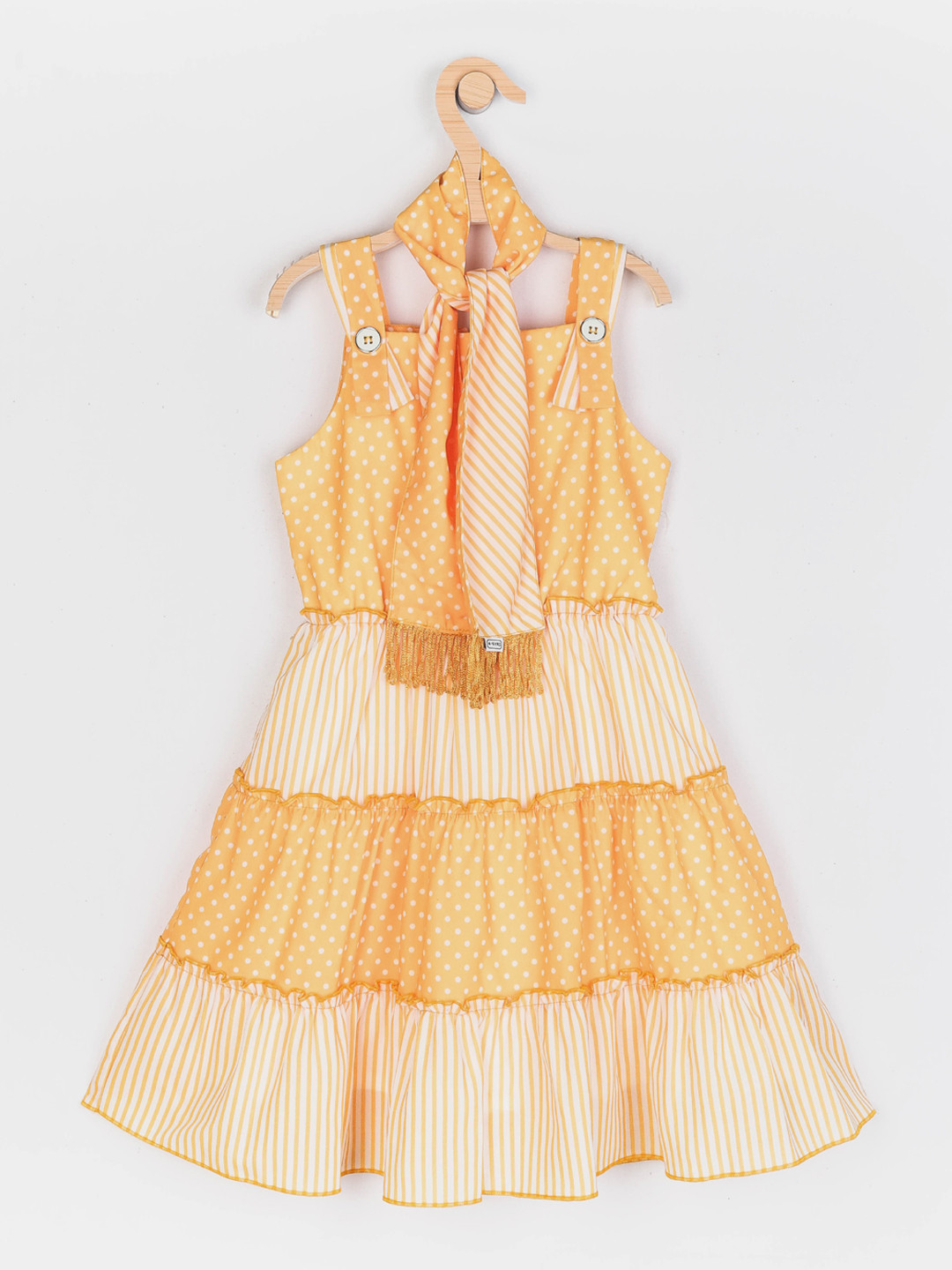 Peppermint Girls Yellow & White Printed Tiered Fit & Flare Dress with Stole