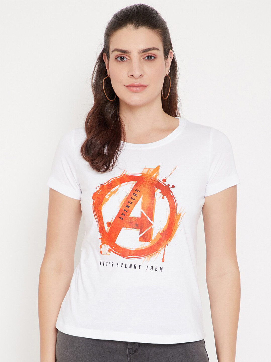 Marvel by Wear Your Mind Women White  Orange Typography Avengers Printed Cotton Pure Cotton T-shirt