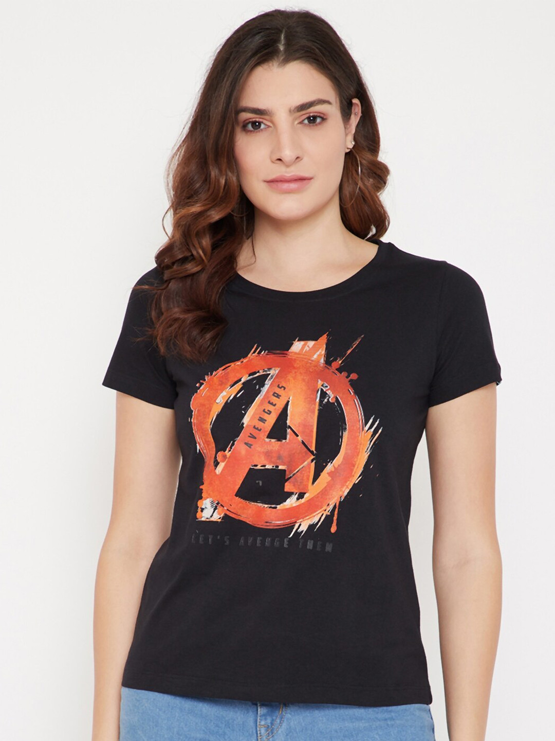 Marvel by Wear Your Mind Women Black Marvel Logo Graphic Printed Cotton Pure Cotton T-shirt