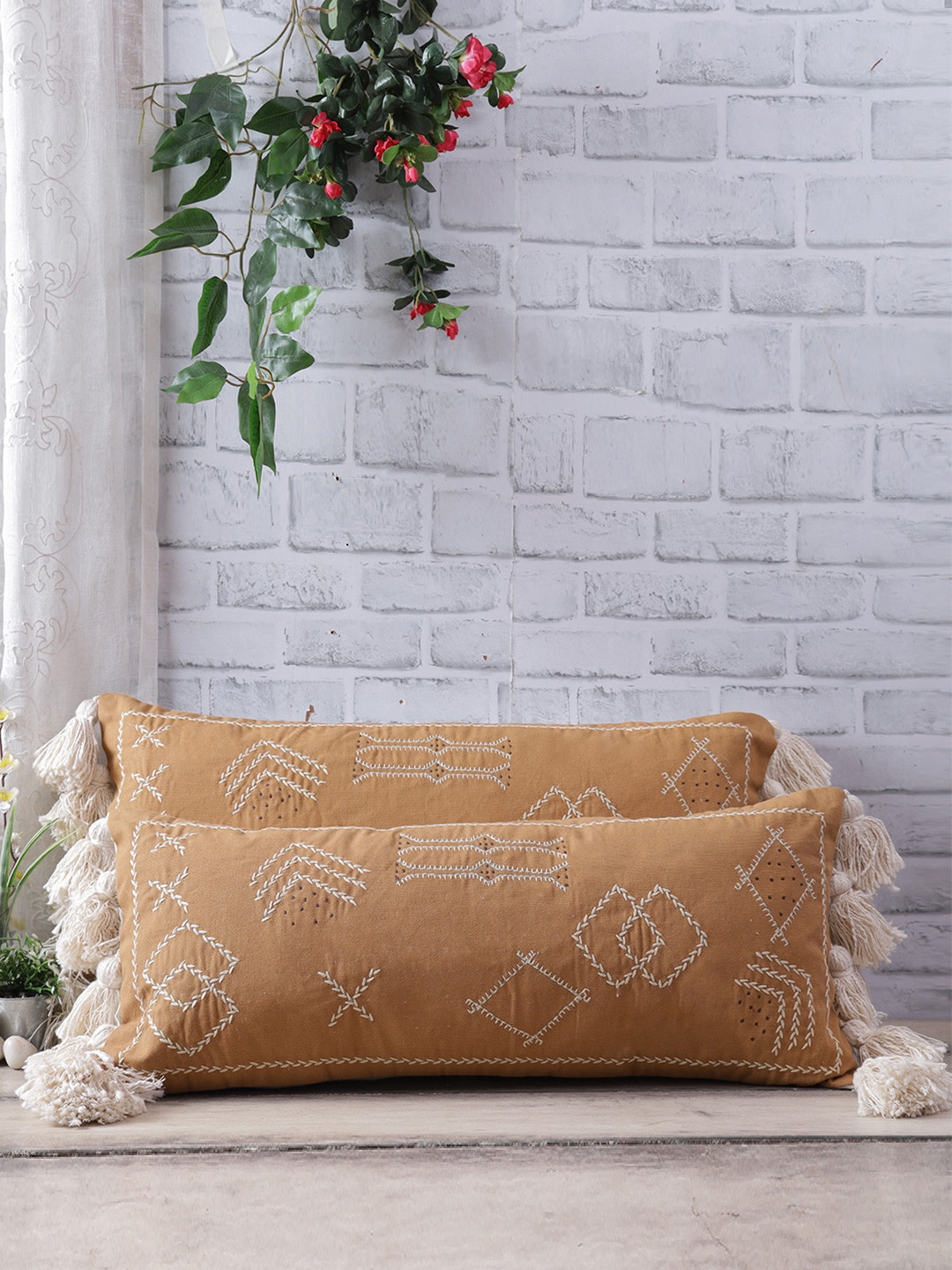 eyda Set Of 2 Mustard Yellow & White Embroidered Rectangle Cushion Covers