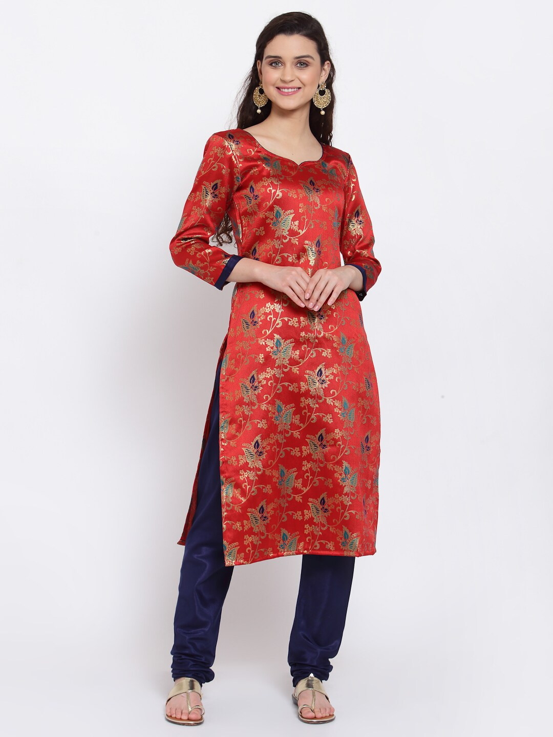 Me Lady Fashion Red & Blue Woven Design Unstitched Dress Material