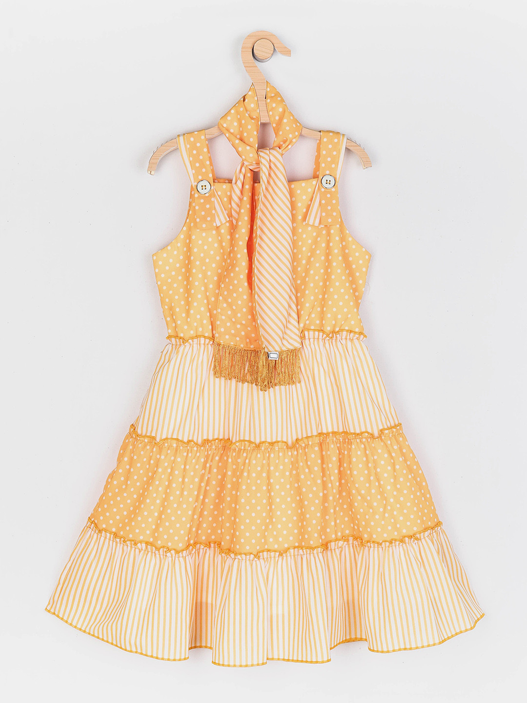 Peppermint Yellow & Beige Polka Dot Printed Striped Fit & Flare Dress