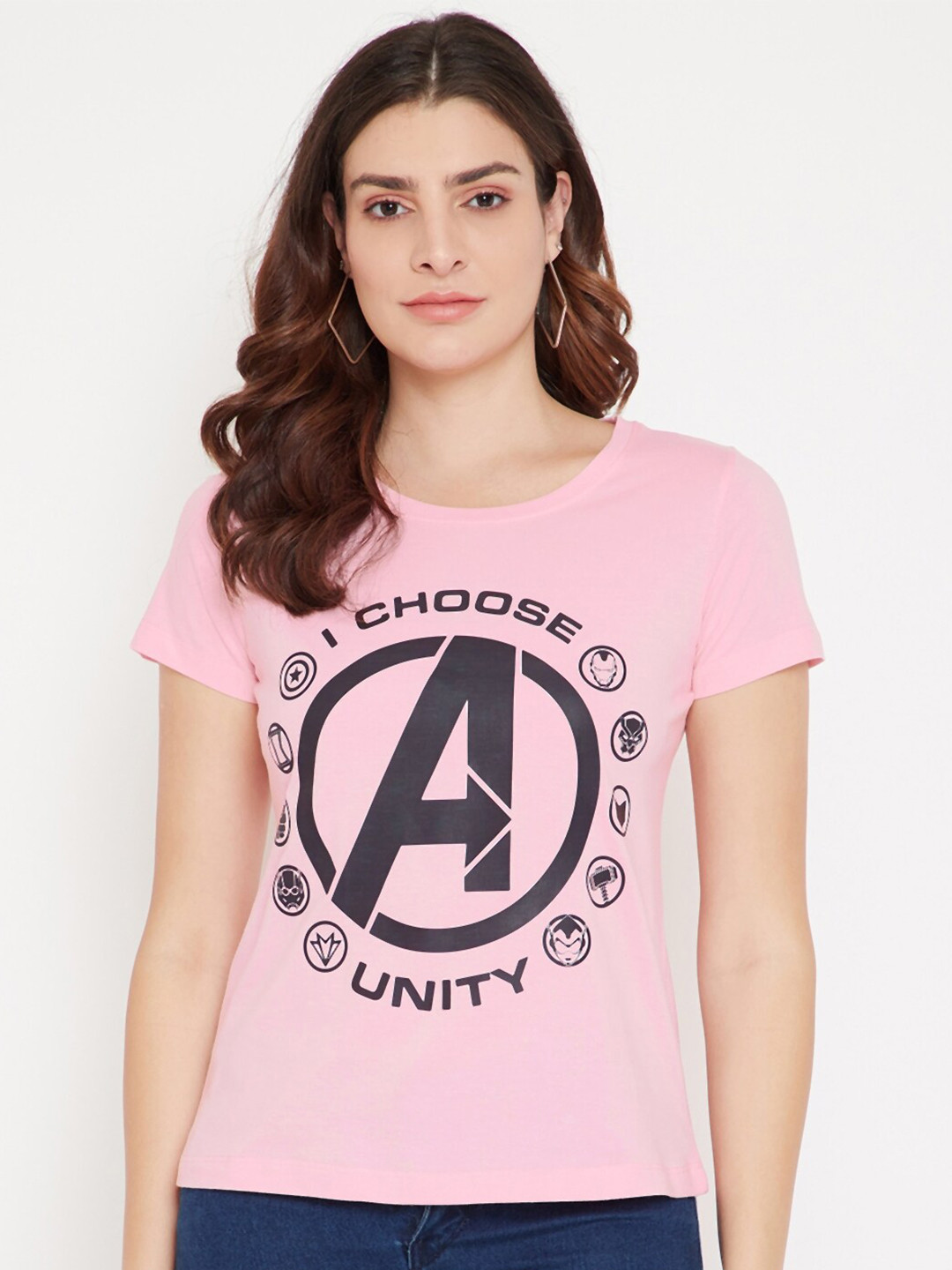 Marvel by Wear Your Mind Women Pink Marvel Logo Graphic Printed Cotton Pure Cotton T-shirt