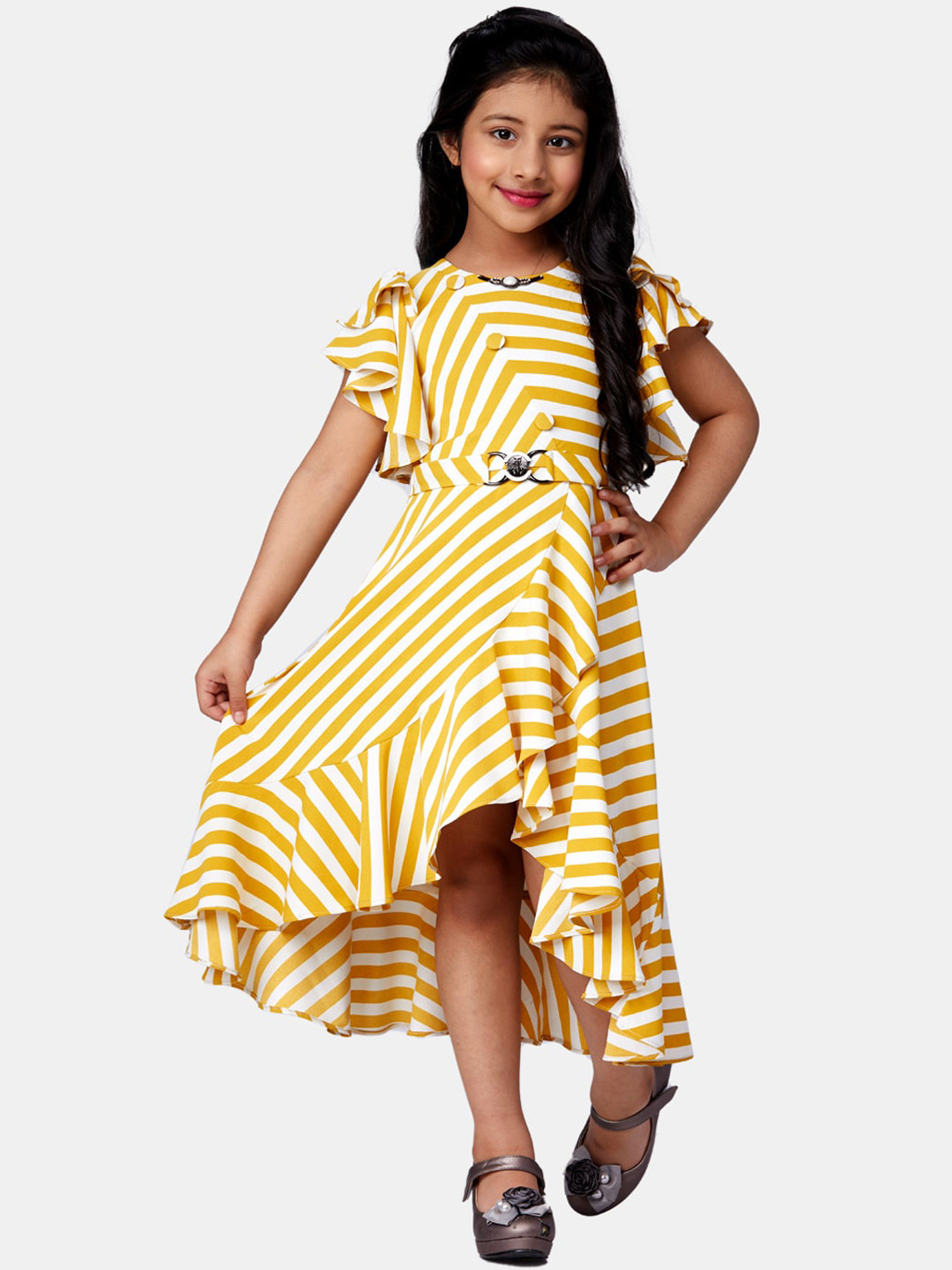 Peppermint Girls Mustard Yellow & White Striped Asymmetric A-Line Dress