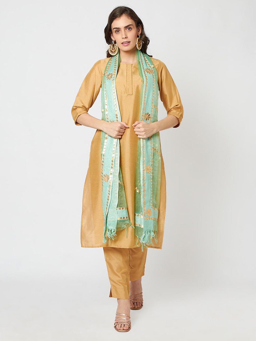 Dupatta Bazaar Sea Green & Gold-Toned Embroidered Organza Dupatta