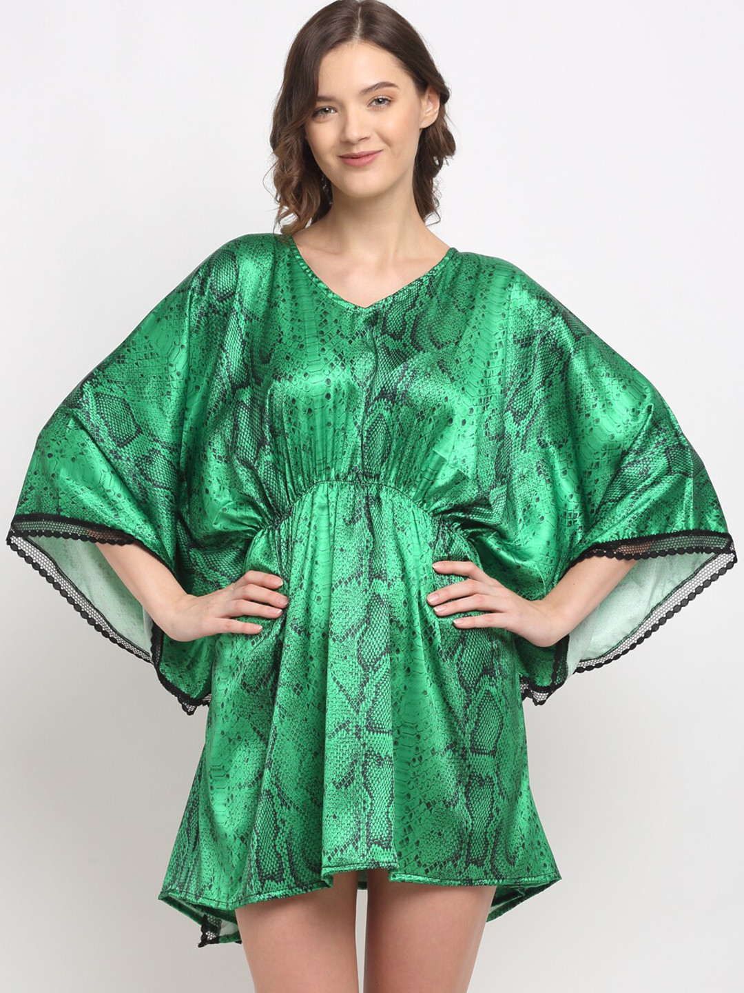 Aoba Green Printed Kaftan Nightdress