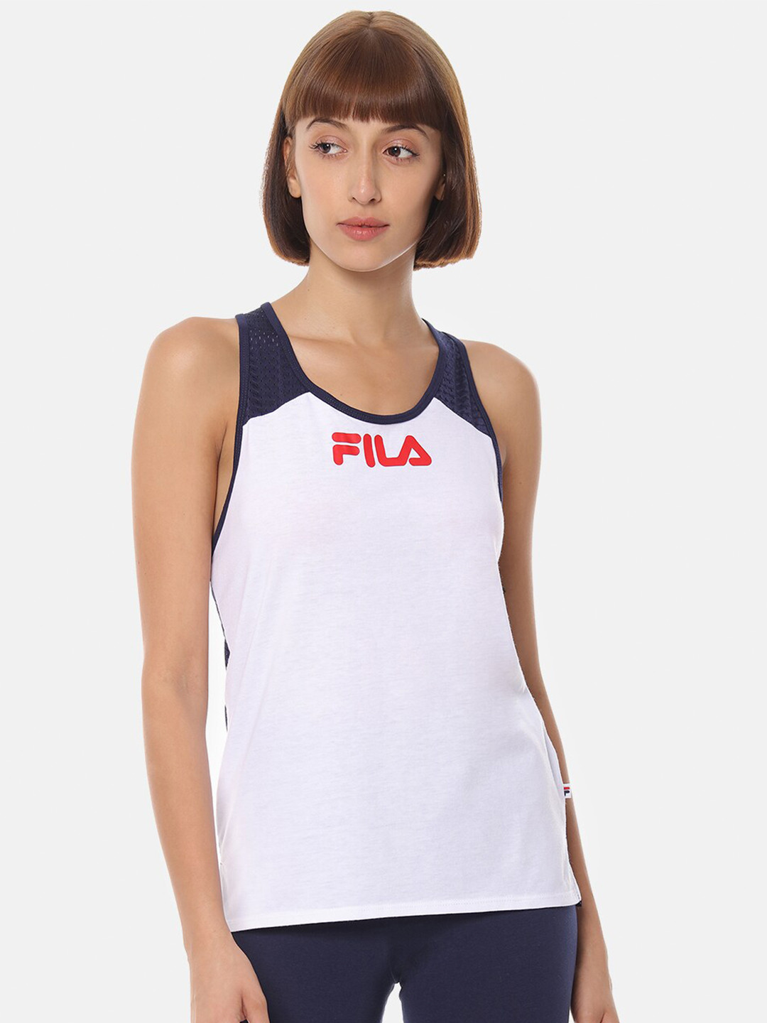 FILA White & Navy Blue Brand Logo Printed Workout Bra Full Coverage