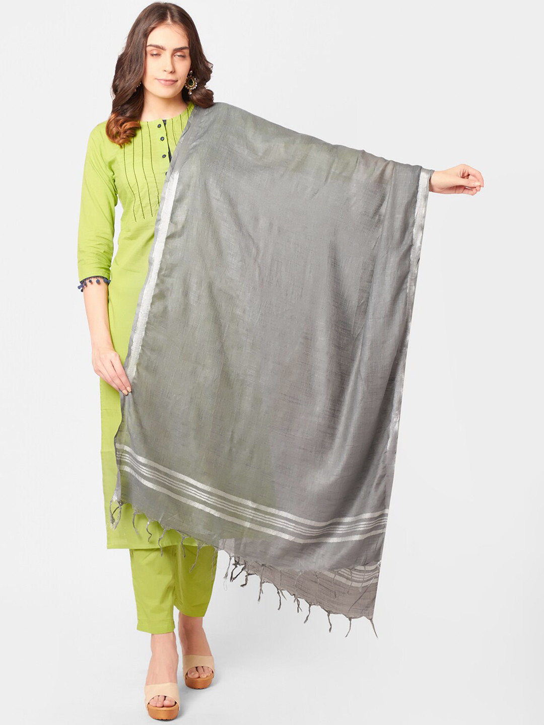 Dupatta Bazaar Grey & Silver-Toned Linen Dupatta with Zari