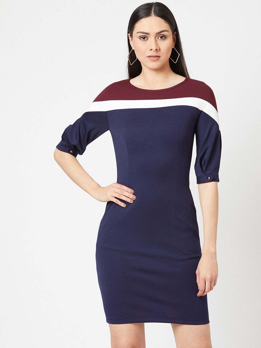 Miss Chase Navy Blue & Red Colourblocked Crepe Bodycon Dress