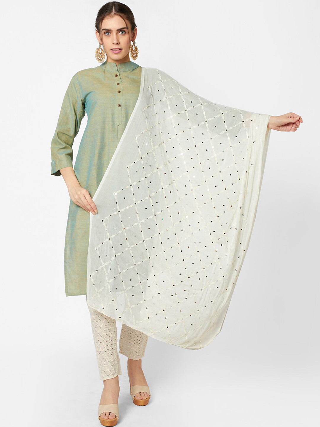 Dupatta Bazaar Off White Ethnic Motifs Embroidered Dupatta with Mirror Work