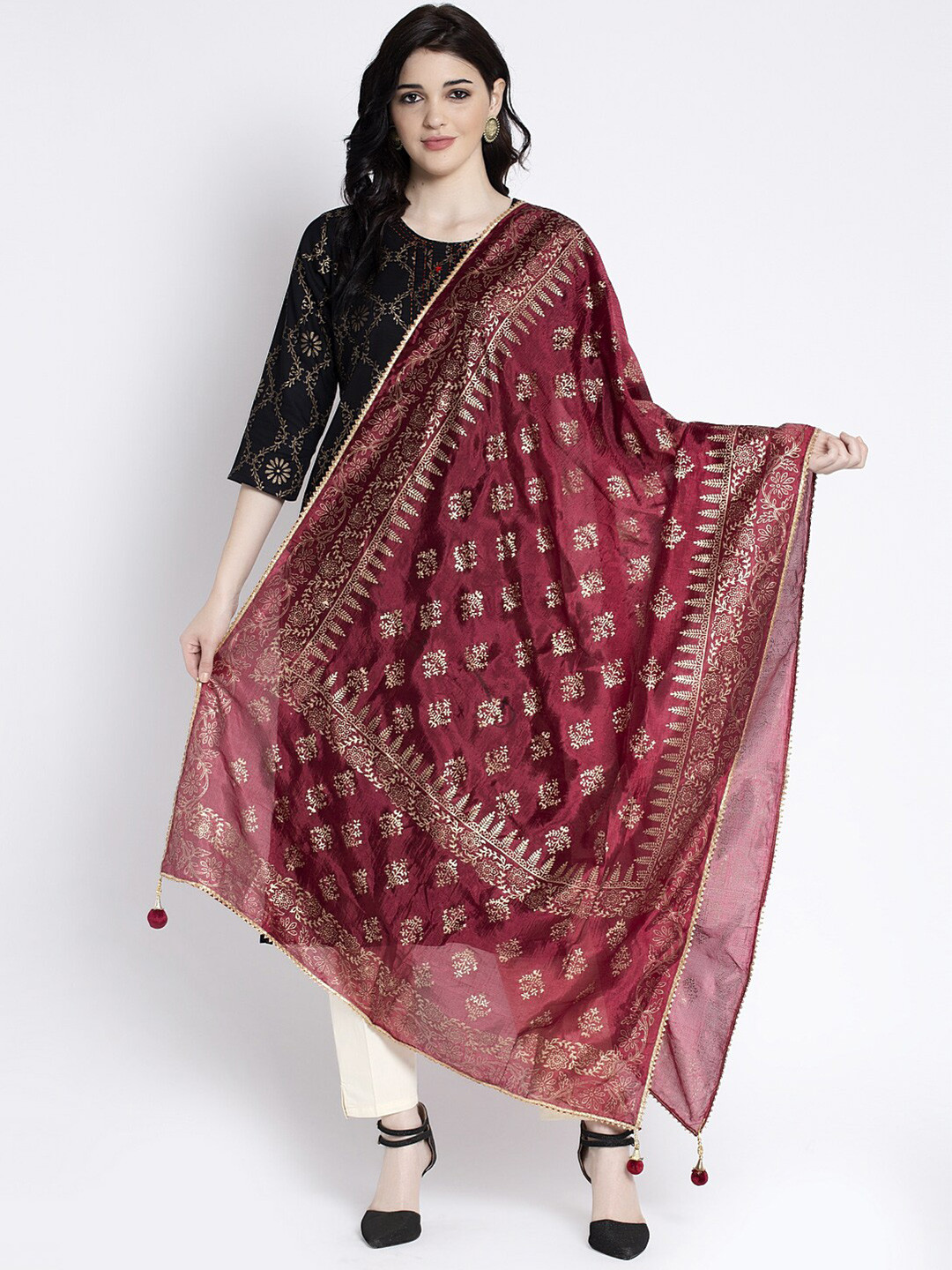 Clora Creation Maroon & Golden Printed Dupatta