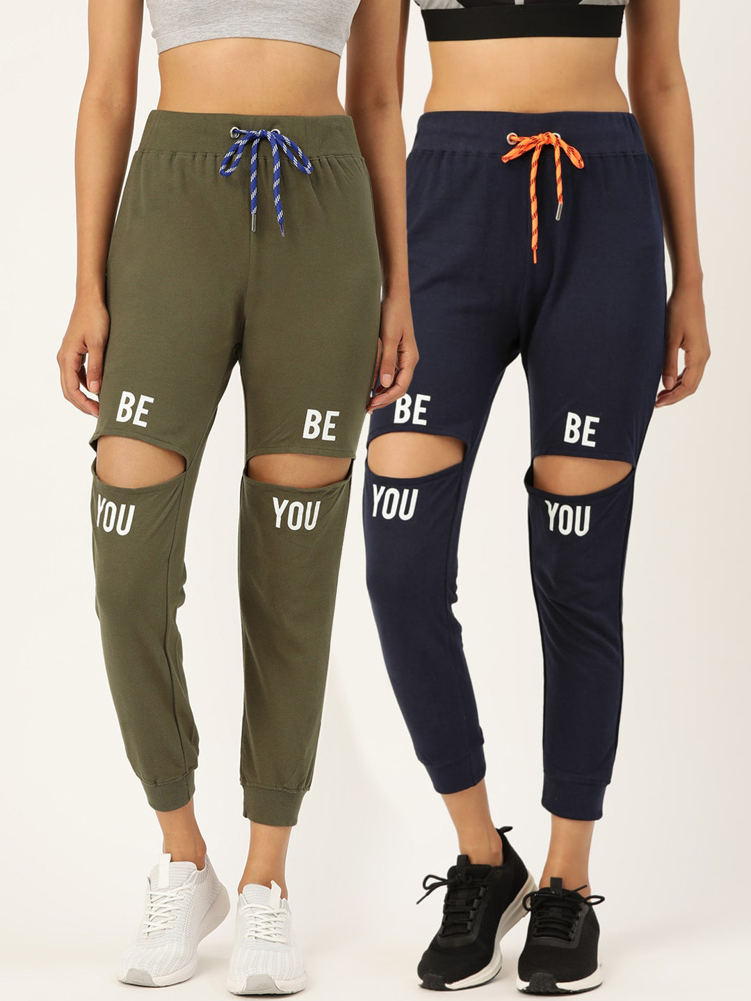 The Dry State Women Cotton Olive & Black Knee Cut Printed Joggers Pack Of 2