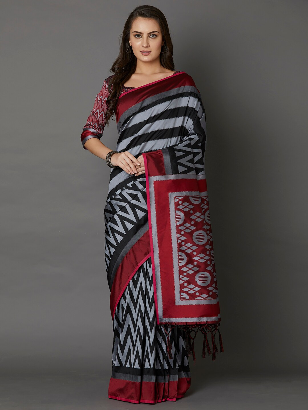 Mitera Cotton Silk Black & Grey Striped Saree with Matching Blouse