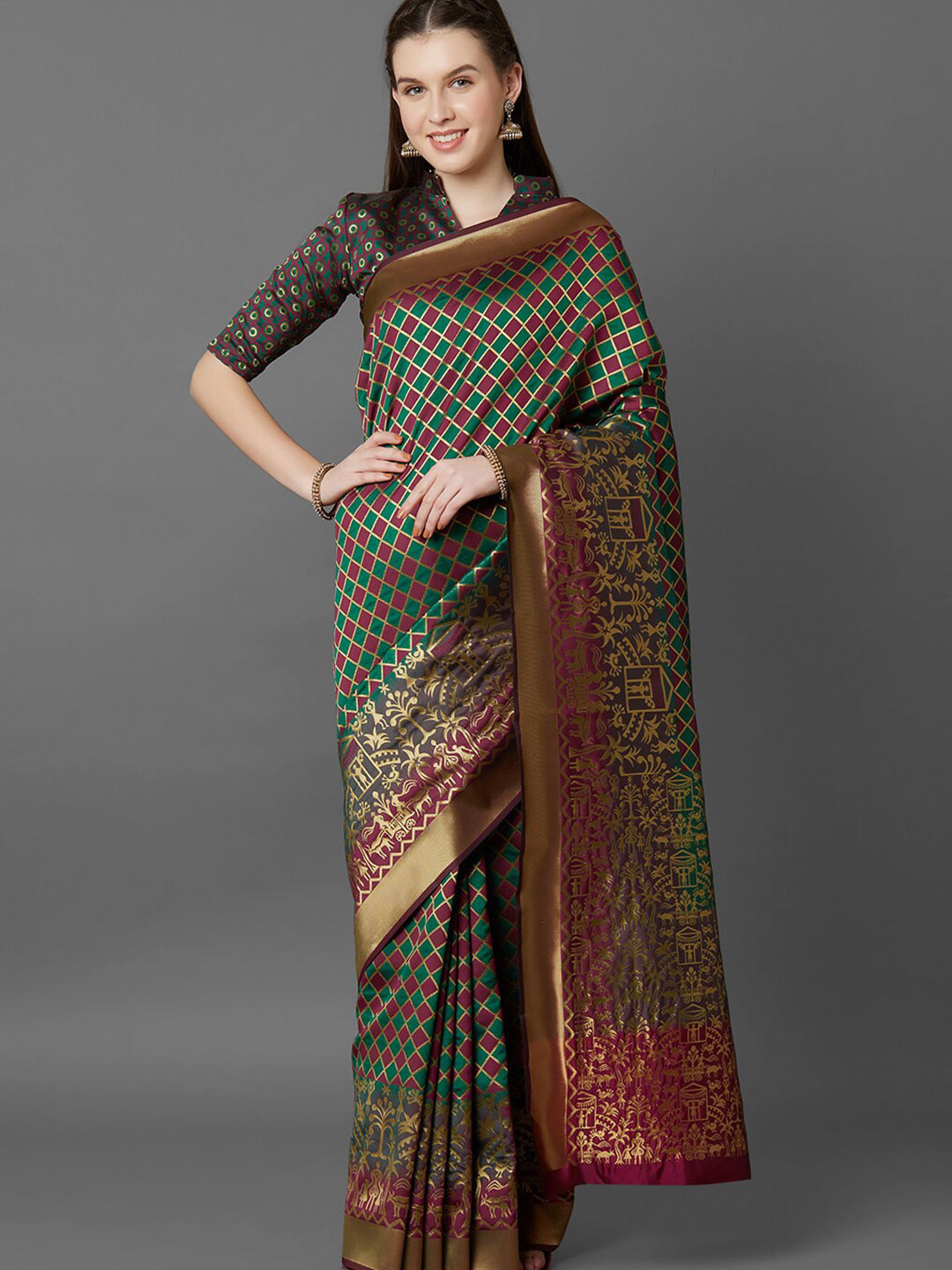 Mitera Green & Maroon Checked Silk Blend Banarasi Saree
